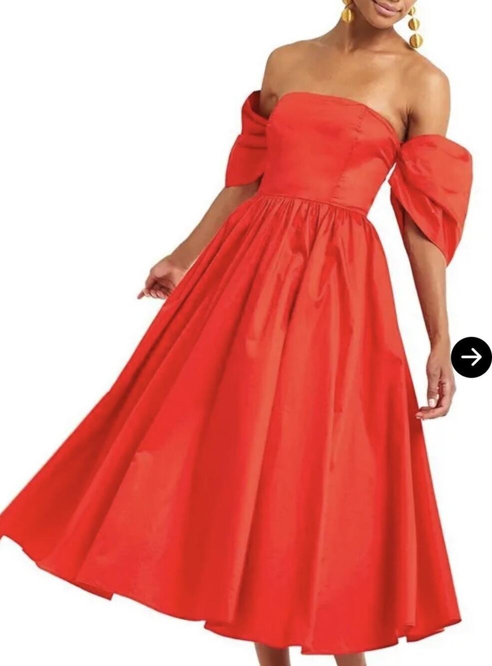 Mestiza New York Dress Womens 12 Red Off Shoulder Puff Sleeve Fit & Flare Midi
